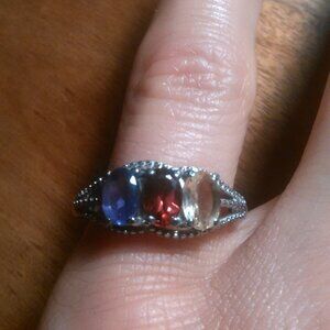 Multi-Gemstone Three Stone Stainless Steel Ring (Size 6)